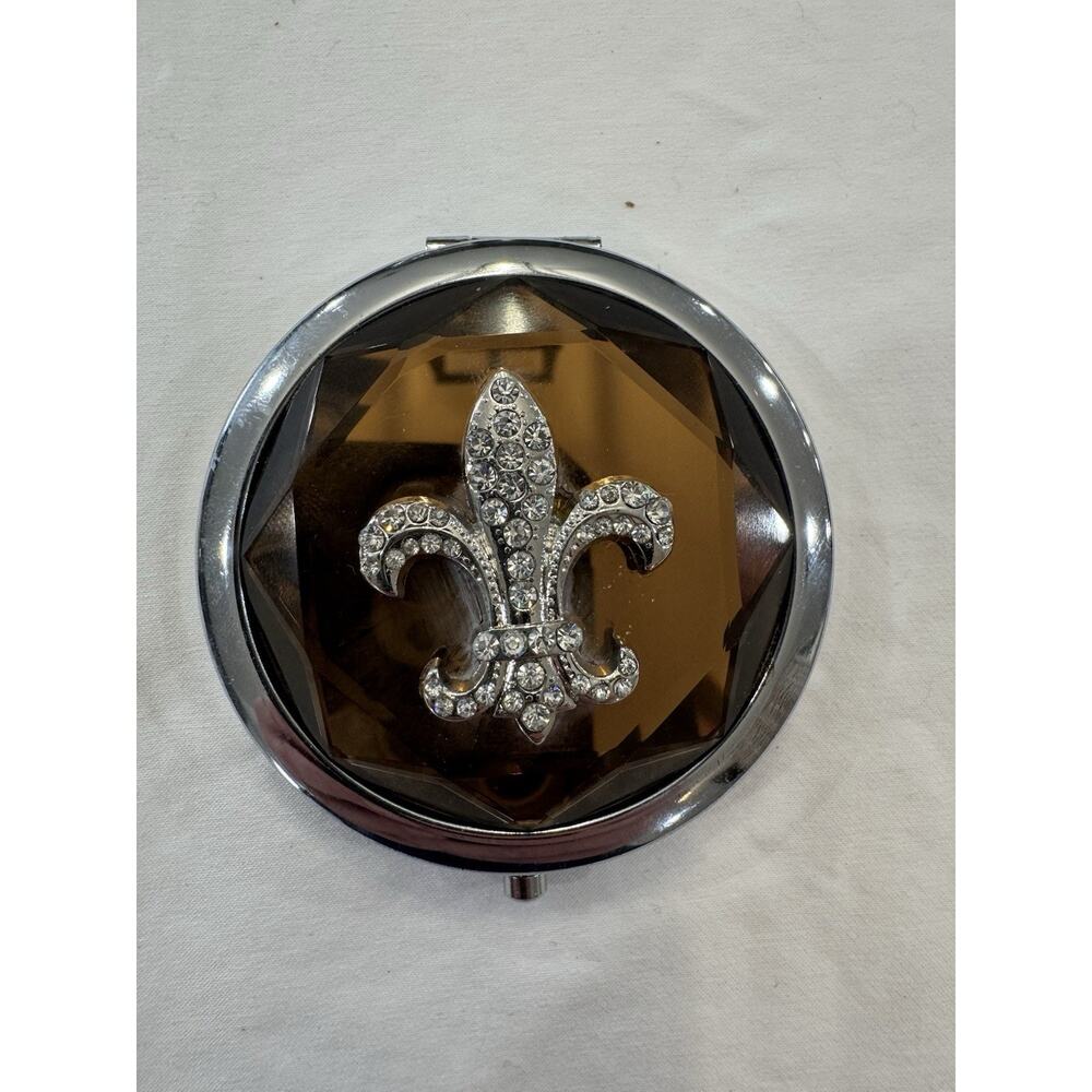 Avon Brown Enamel Rhinestone Fleur-de-Lis double mirror,‎ compact